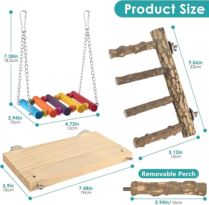 3in1 Bird Perch Toys for Parrots, Wooden Ladder Perch for Cage, Parrot Platform Stand Colourful Swing Hammock Climbing Bridge Exercise Cage Accessories for Budgies Cockatiels Lovebirds Hamster