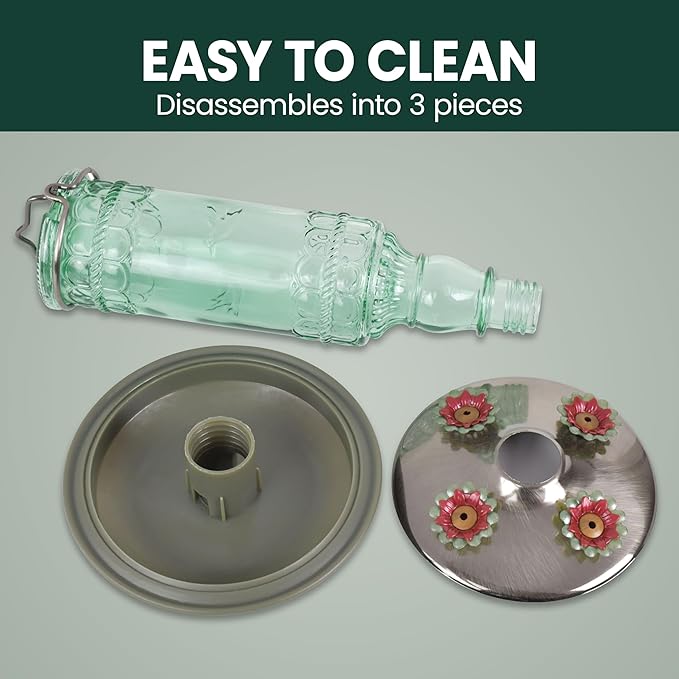Perky-Pet Glass Bottle Hummingbird Feeder - Outdoor Garden Décor Humming bird Feeder, 8108-1SR - 10 Fl Oz Nectar Capacity - Durable Green Antique Design - Hang from Tree, Porch, Deck, Hook