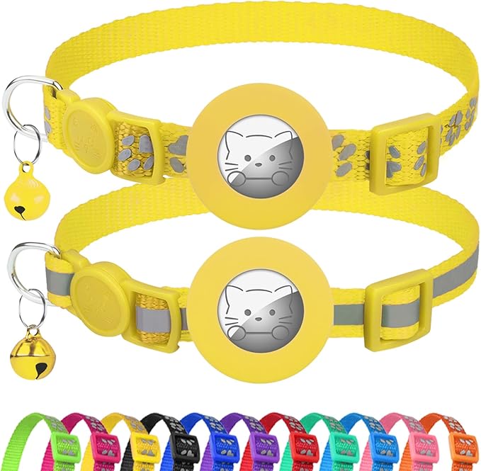 Joytale AirTag Cat Collar 2 Pack with Breakaway Safety Buckle, Reflective Cats Collar with AirTag Holder, Adjustable 7.5-12.5 Inch, Anti-Fraying Lightweight for Girl Boy Kitten, Yellow
