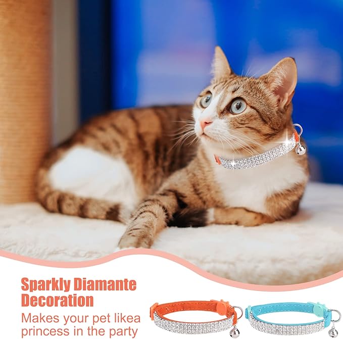 EXPAWLORER Soft Velvet Safe Cat Collars for Girl Cats -2 Pack Rhinestones Bling Diamante Adjustable Collars Breakaway- Chirstmas Cat Clollar Gifts with Bells for Boy Cats Kitty and Small Dogs