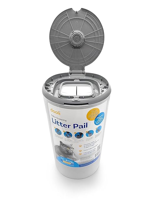Odor Trapping Litter Pail – Odorless Cat Litter Pail with Lid & 6 Month Supply of Refill Bags and Scooper– One-Finger Tap Lid Opening