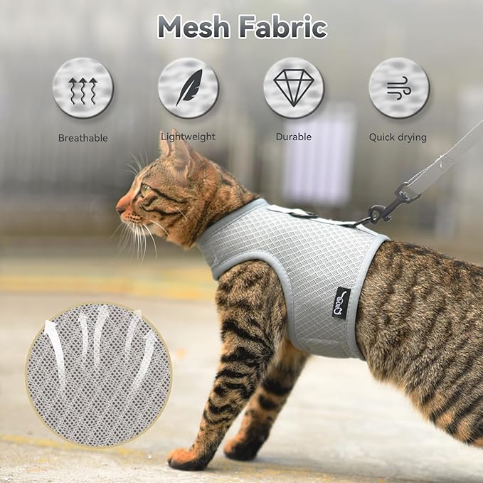 Cat Harness and Leash for Walking Escape Proof Breathable Mesh Fabric, Solid Grey, Medium, Adjustable Cat Walking Jackets, Padded Stylish Cat Vest