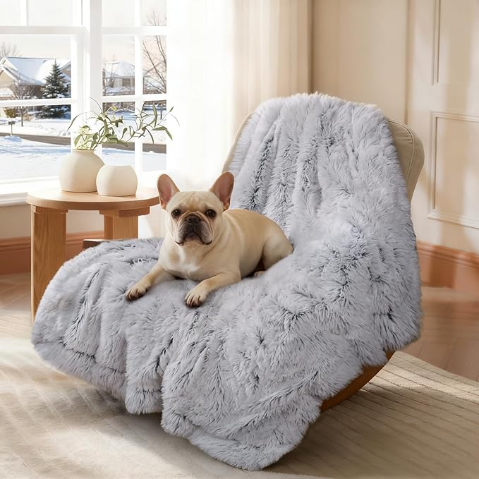 Luciphia Large Waterproof Dog Blanket Pet Washable Liquid Proof Furniture Protector Small Shaggy Plush Calming Long Faux Fur Bed Cover for Couch Cat Blankets for Kitten Doggy, Mist Grey, 30" x 40"