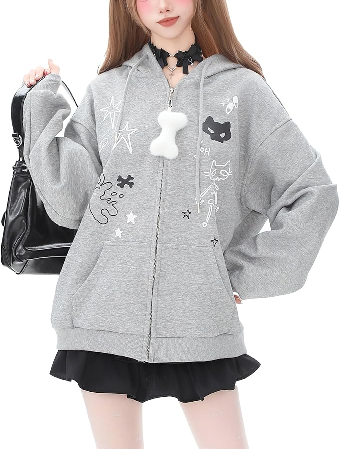 Womens Y2K Zip Up Cute Graphic Hoodies Cat Ears Casual Cartoon Harajuku Kawaii Clothes Oversize Streetwear Jacket
