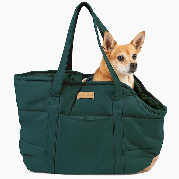 Plush Dog Purse Carrier for Small Dogs, Soft Dog Tote Bag with Safety Harness Clip, Cozy Pet Carrier for Dogs Under 15 lbs, Comfortable Dog Shoulder Carrier for Travel, Green