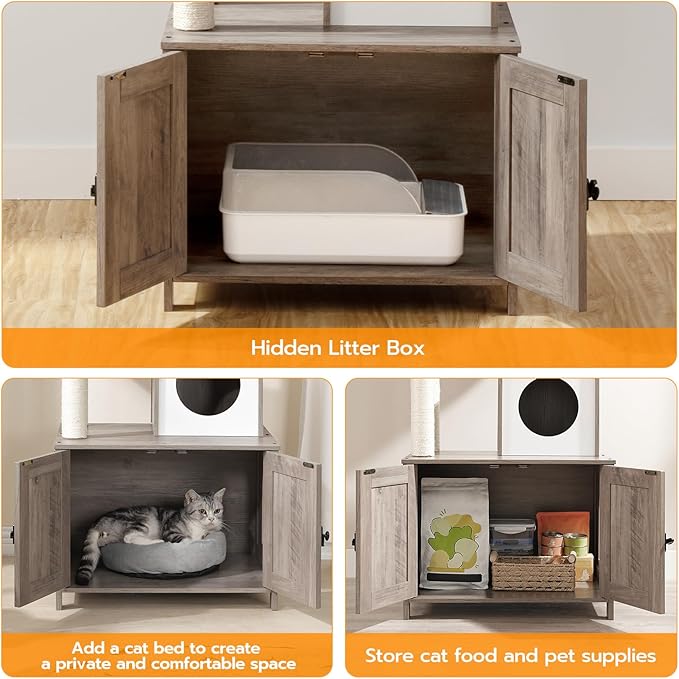 HOOBRO Cat Tree Tower with Litter Box Enclosure Indoor, Wooden Cat Condo with Scratching Posts, Litter Box Furniture Hidden, All-in-One Cat House, Greige BG15MZ03