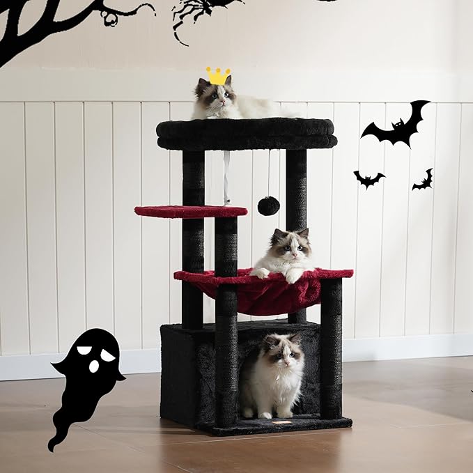 Heybly Cat Tree, Kitten Tower with Large Soft Cat Basket, Cat Condo with Spacious Cat Bed Cave with Hidden Space, Sisal-Covered Scratching Posts, Dangling Ball for Indoor Cats, Black and Red HCT008SBR