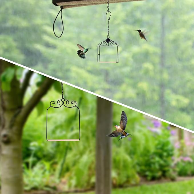 2PK Metal Frame Hummingbird Swings and Perches with Wooden Dowel Black Bird Swing Outdoor Bird Perch Humming Bird Swing