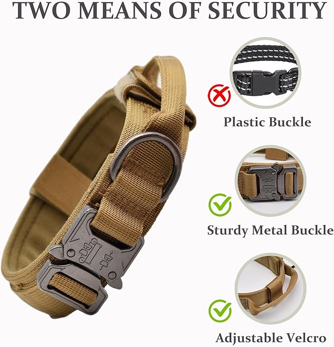 Tactical Dog Collar Set, Adjustable Military Training Nylon Dog Collar with Control Handle and Heavy Quick-Release Metal Buckle for Small Medium Large Dogs, Brown Set M