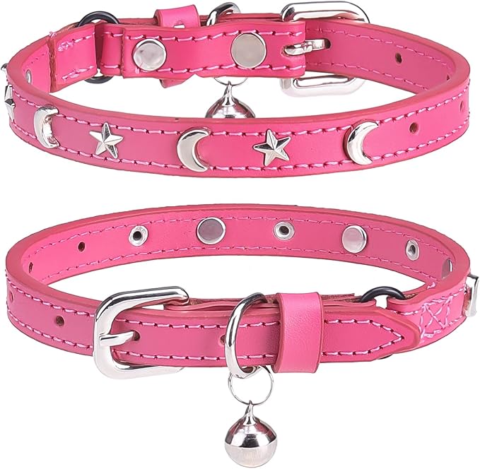 Leather Cat Collars for Boy Girl Cats with Bell and Safety Elastic Belt, Personalized Star and Moon Stud Adjustable Safe Buckle Collar for Kitty Small Big Cats Size 8-12 Inch, Rose