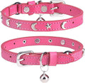 Leather Cat Collars for Boy Girl Cats with Bell and Safety Elastic Belt, Personalized Star and Moon Stud Adjustable Safe Buckle Collar for Kitty Small Big Cats Size 8-12 Inch, Rose