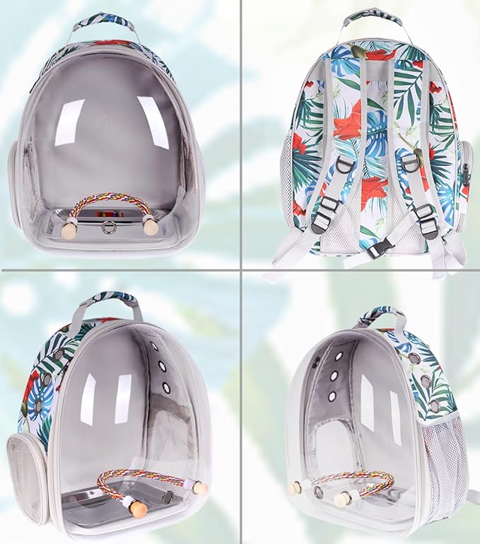 Bird Traval Carrier Cage, Clear Space Capsule Astronaut Backpack to Carry Parakeet Cockatiel Parrot with Metal Tray Wooden Perch and Bird Feeder, Vet Transport Book Bag Floral Printed