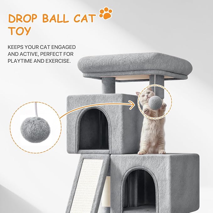 34'' Small Cat Tree with 2 Condos, Sisal Scratching Posts & Board, Multi-Level Climbing Tower for Indoor Cats, Sturdy Light Grey Cat Activity Center - Light Gray