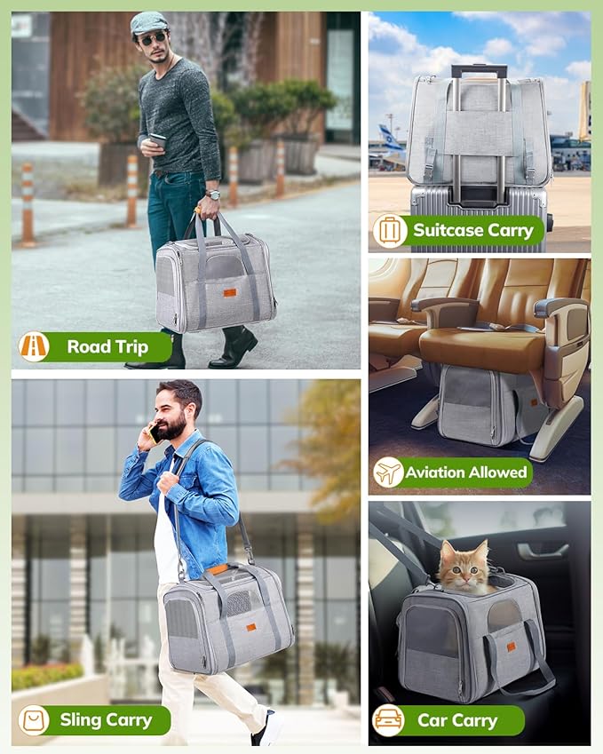 Morpilot Pet Travel Carrier Bag, Soft-Sided Dog Carrier Cat Carrier Pet Carrier, for Large Cats and Medium Puppies up to 25lbs, w/Locking Safety Zippers, Foldable Bowl (Light Gray)