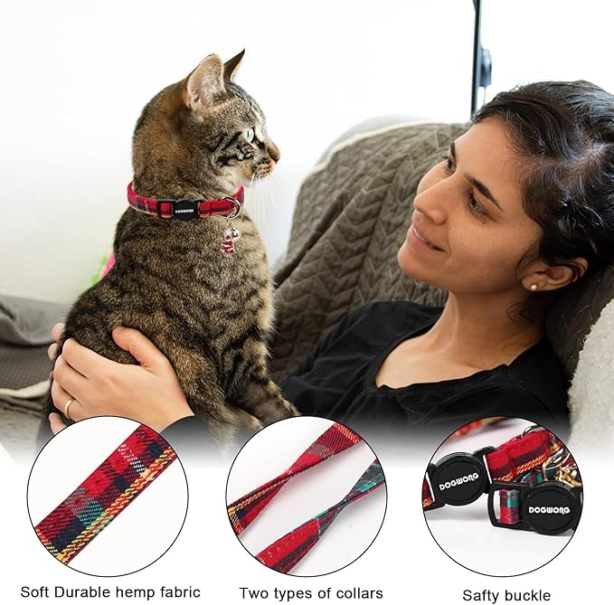 Cat Collar,2 Pack Cat Collars Breakaway with Bell, DOGWONG Safety Buckle Red Christmas Plaid Cat Collar for Girl Boy Cats and Small Dogs，Adjustable 7-12 Inch,Pet Supplies Accessories