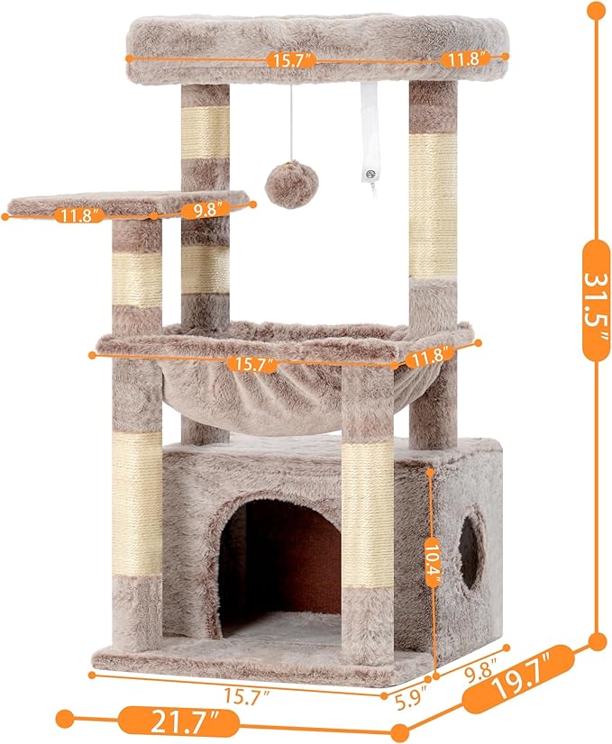 Heybly Cat Tree, Kitten Tower with Large Soft Cat Basket, Cat Condo with Spacious Cat Bed Cave with Hidden Space, Sisal-Covered Scratching Posts,Dangling Ball for Indoor Cats, Muchroom HCT008SMU