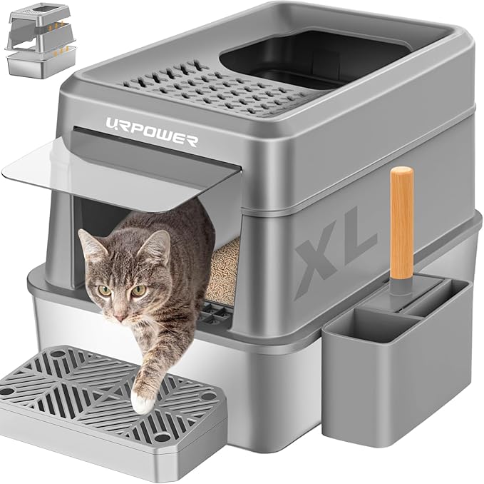 URPOWER Stainless Steel Cat Litter Box with Lid Extra Large Enclosed Litter Box for Cats Non-Sticky Metal Pan with High Sided Enclosure & Scoop, Front & Top Entry, Anti-Leakage, Easy Cleaning
