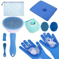 PAWCHIE Bath Grooming Kit for Pets, 9 PCS Hair Brush Set with Towel,Washing Gloves,Bath Brush and Adjustable Handle Shampoo Brush & Scrubber for Short Long Haired Dogs and Cats,Dog Bath Supplies,Blue
