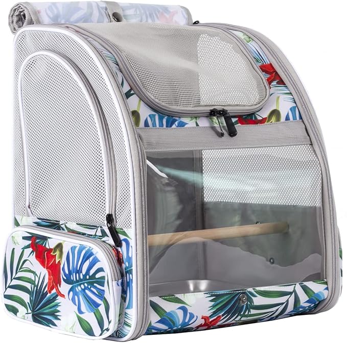 Bird Travel Carrier Backpack with Wooden Stand Perch, Small to Medium Bag to Carry Parrot Parakeet Conure Cockatiel (Multi-Colored, Bird Backpack)