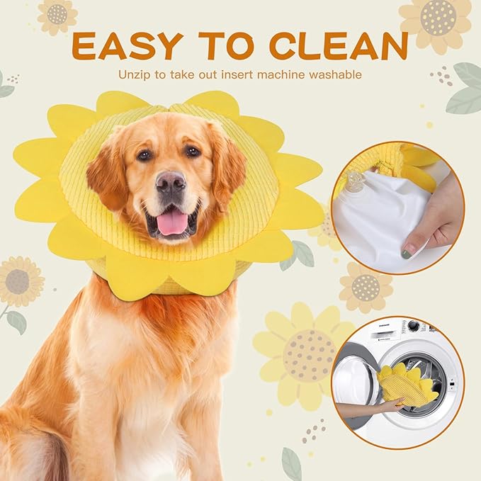 IEUUMLER Inflatable Recovery Dog Collar, Protective Donut Cone, Adjustable Soft Collar for Dog and Cat After Surgery Prevent from Biting & Scratching EU002 - Sunflower L+
