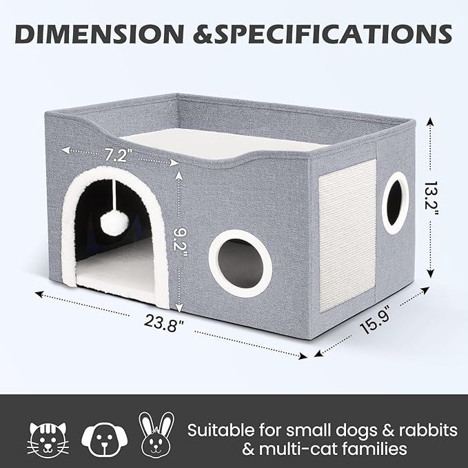 Heeyoo Cat House for Indoor Cats - Large Cat Bed Cave with Fluffy Ball and Scratch Pad, Foldable Cats Houses & Condos, Cat Hideaway, Covered Kitty Bed for Multi Small Large Kitty, 23.8x15.9x13.2 Inch