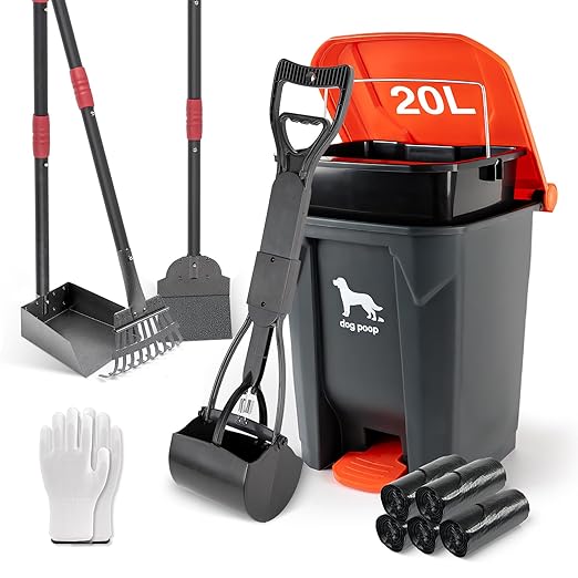 Dog Pooper Scooper, 7Pcs Set Poop Trash Can with Removable Inner Bucket, Long Handle Tray & Rake, 60 Waste Bags, Dog Waste Large Bin Waterproof for Outdoor, Backyard, Garden