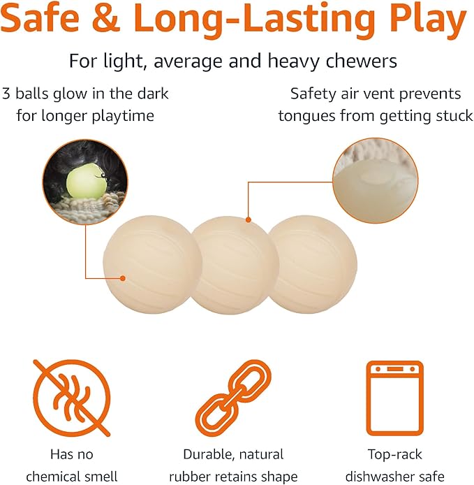 Amazon Basics Interactive Bouncy Durable Rubber Dog Toy Balls, Glow, 2.5 inch, Beige, Pack of 3