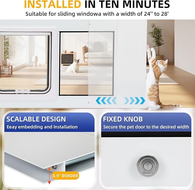 Full Size Cat Door Window Insert, fits 23'‘-28’' Various Sliding Windows, 4 Flexible Locking Modes, High-Definition, high-Transparency cat Door for Windows, Magnetic Reset Design