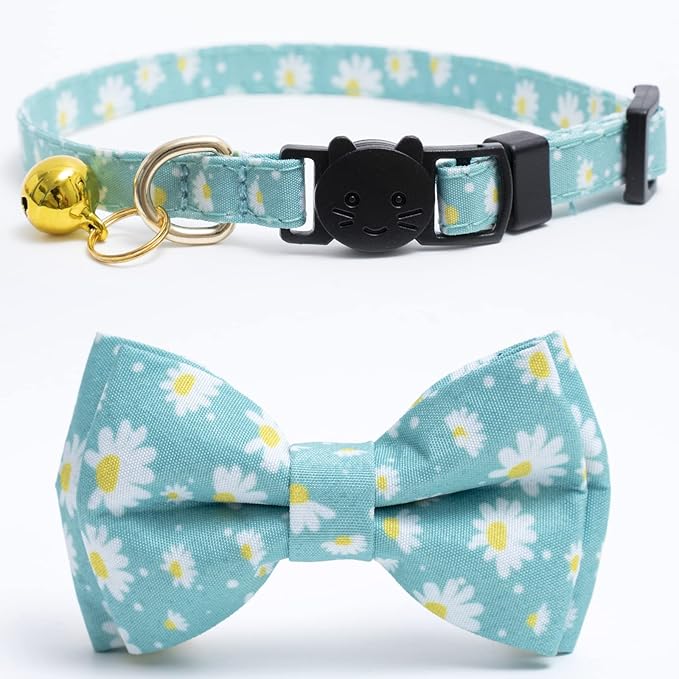 Faygarsle 2 Pack Cotton Designer Breakaway Cats Collar with Bow Tie and Bell Cat Collars for Girl Female Cat Collar with Bell Collars for Cats Flower Pattern
