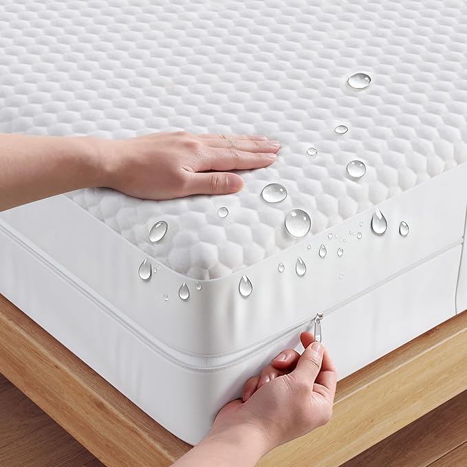 OhGeni 100% Waterproof Zippered Mattress Protector,Queen Size Mattress Encasement,Pet Hair & Bedwetting Resistant,Cooling Breathable Fitted Sheets,Non-Slip Deep Pocket,Washable Noiseless