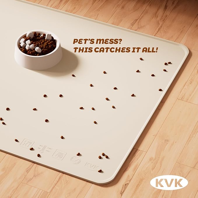 Extra Extra Large Silicone Dog Food Mat 39.4×43.3in and 128oz Silicone Bag Set, Super Size Waterproof Pet Feeding Mat & Container, Non-Slip, Chew-Resistant Floor Protection (Beige&Yellow)