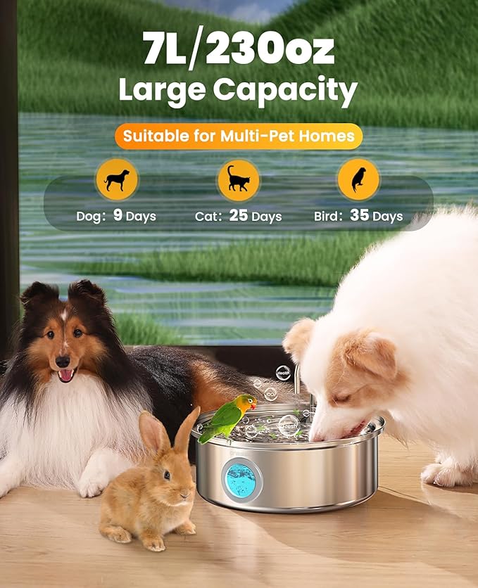 oneisall Dog Water Fountain for Large Dogs,7L/230oz/1.8G Stainless Steel Dog Fountain Super Quiet with Triple Filtration,Great for Large Dogs (PWF002 Dog Fountain +6Sets Filters)
