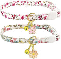 2 Pack Cotton Breakaway Cat Collars Set with Bell and Flower Pendant, Cute Floral Fruit Patterned, Adjustable 7.5-11Inch, Include A Mouse Toy Gift (Vintage+ Small Pink Flower)