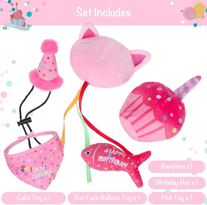 BINGPET Cat Birthday Catnip Toys for Indoor Cats, 5 Pcs Cat Birthday Gift Kitten Interactive Toys for Boy Girl Cats, Soft Plush Catmint Kitty Chew Kick Toy, Hat, Bandana, Balloon, Cake, Fish, Pink