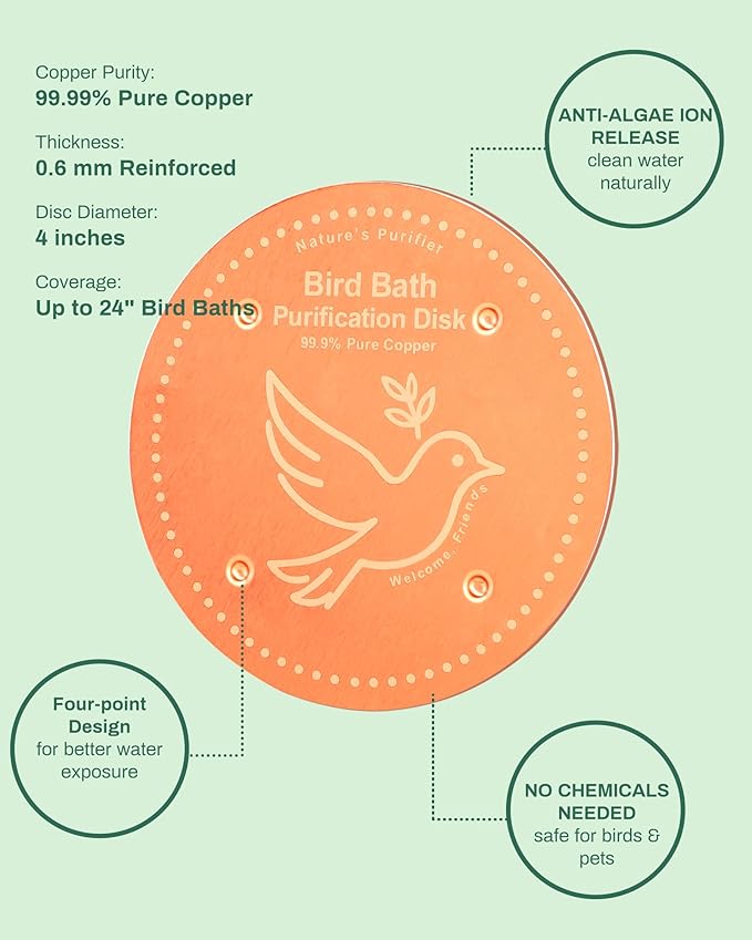 Bird Bath Purification Disk Pure Copper Outside Winter Solar Power Birdbath Wild Hummingbird Pedestal Fountain Cleaner Outside Humming Feeder Cage Dispenser Heater Garden Deal Lover Women Gift