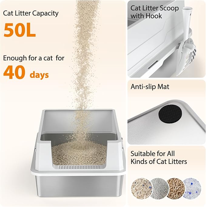 FURTIME XXXL Extra Large Stainless Steel Litter Box with Lid, Large Cat Litter Box for Big Cat, Large Metal Cat Box with High Sided, Non-Stick, Easy Cleaning, Includes Scoop and Mat