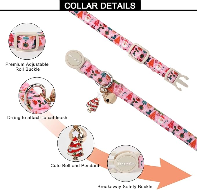Lionet Paws 2pcs Pack Christmas Cat Collar,Ho Christmas Tree & Pink Stripes Cat Kitten Collars with Breakaway Buckle,Ideal for Girl Cats