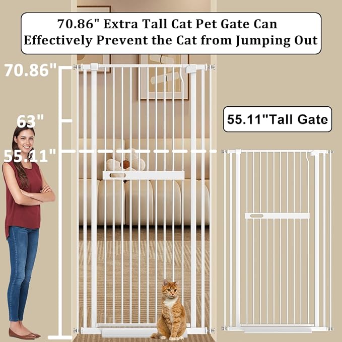 WAOWAO 71" Extra Tall Cat Pet Gate 29.92-45.66" Wide Pressure Mounted Walk Through Swing Auto Close Safety White Metal Dog Pet Puppy Cat for Indoor Stairs,Doorways
