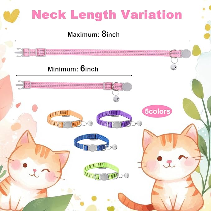 5 Pcs Breakaway Cat Collars, Reflective Cat Collar Small Cats Collar with Bells Adjustable Kitten Collars Pet Supplies 7.9" - 13" Inches 5 Bright Colors Reflective for Kitten Small Pets