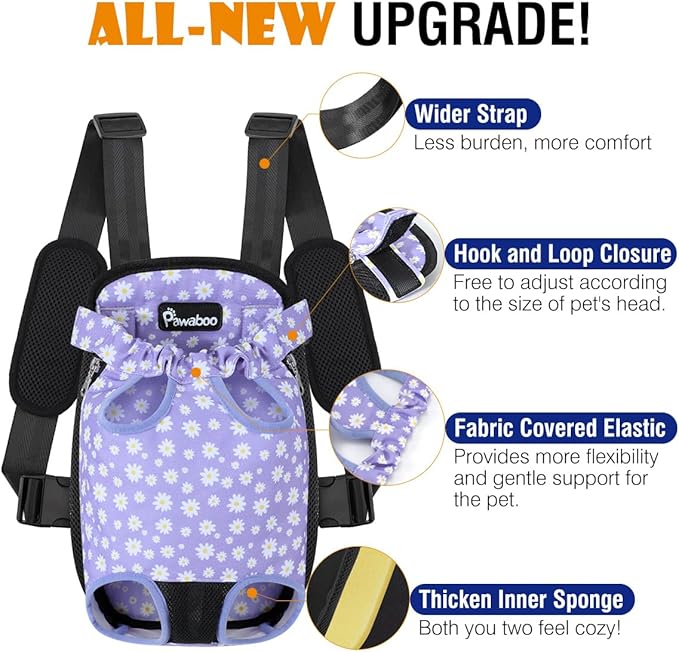 Pawaboo Pet Carrier Backpack, Adjustable Pet Front Cat Dog Carrier Backpack Purse Travel Bag, Legs Out, Easy-Fit for Traveling Hiking Camping for Small Medium Dogs, Small, Black & Purple Daisy