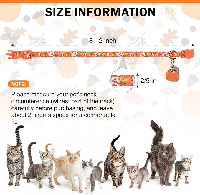 Thanksgiving Cat Collar Breakaway, Halloween Kitten Collar with Bells for Boy Girl Cat, 2 Pack Adjustable Cute Cat Collar with Bow & Pumpkin for Male Female Cat, Orange Bowtie Shirt Collar