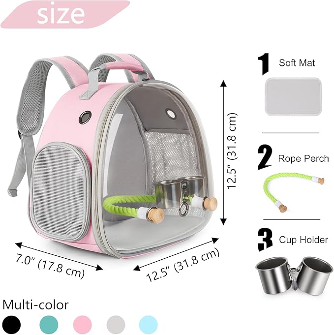 Small Bird Travel Backpack Carrier Cage with Cups, Backpack to Transport Backpack Carrier with Clamp Cups Stand Perch for Parakeet Cockatiel Budgies Vet Carry Book Bag Pink