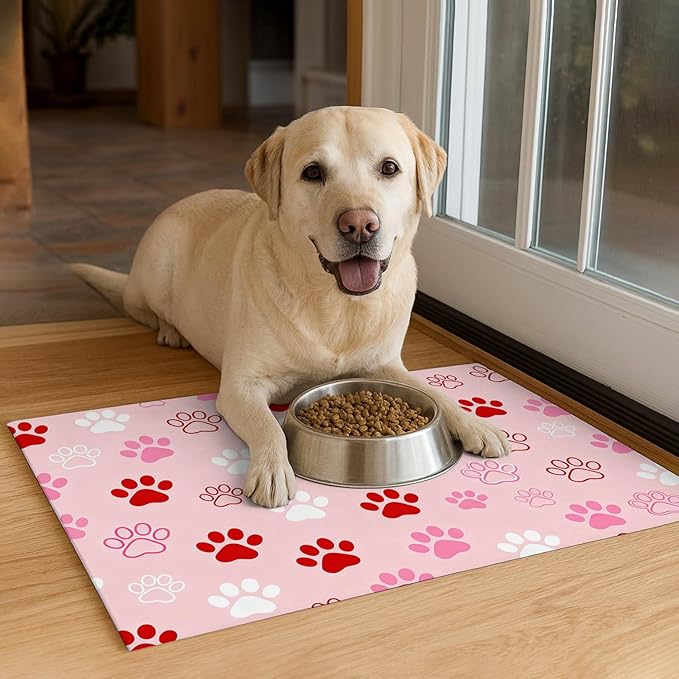 Puppy Paw Print Pet Feeding Mat 24x16 Inch Cute Pet Feeding Area Mat Pet Food Mat Pet Mats for Food and Water Dog Mat for Food and Water Indoor Feeding Corner Kitchen Floor Decor