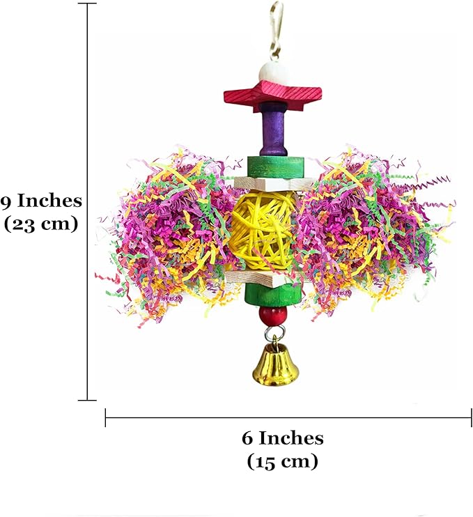 SunGrow Parakeet Toy, Brightly Colored Hanging Toy Made of Rattan, Wood and Shredded Paper, for Small and Medium Parrots, Cockatiels, Lovebirds and Finches (1 Piece)