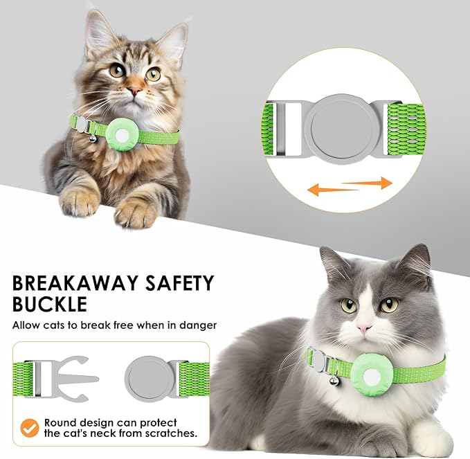 GPS Tracker for Cats, Cat Tracker, Compatible with Apple Find My App (Only iOS), No Monthly Fee, Waterproof, Breakaway Collar Included(White Tracker, Green Cat Collar)