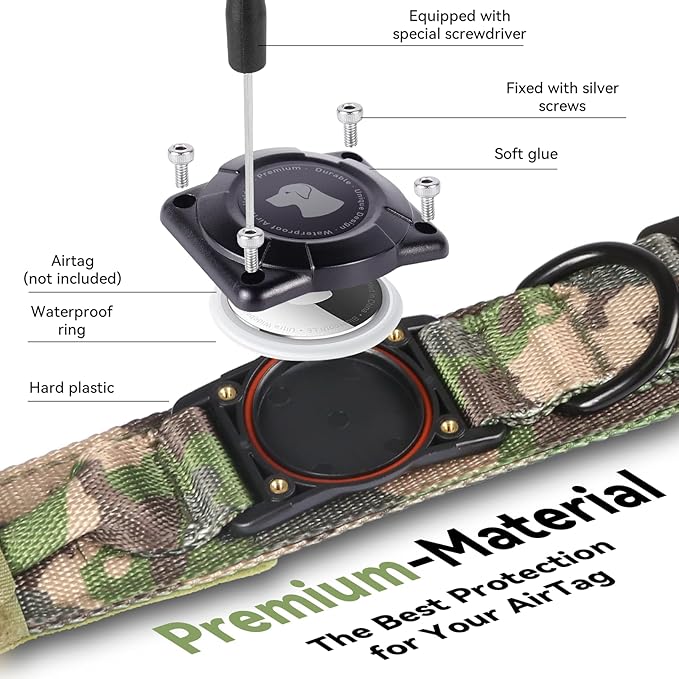 2026 Upgrade Waterproof AirTag Dog Collar, Military Tactical Dog Collar with AirTag Holder, Comfortable Control Handle and Metal Buckle, GPS Dog Collar Holder for Medium to Large Dogs (Camouflage, M)