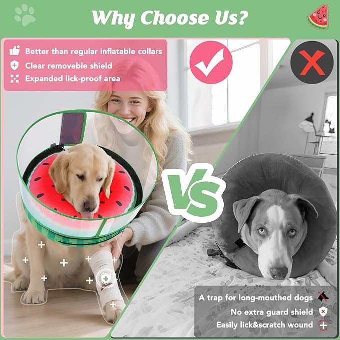 Inflatable Dog Cone with Anti-Licking Clear Shield, Protective Dog Donut Collar After Surgery, Adjustable Soft Recovery Cone for Pets, Alternative Collar with Buckle Strap (Watermelon, S)