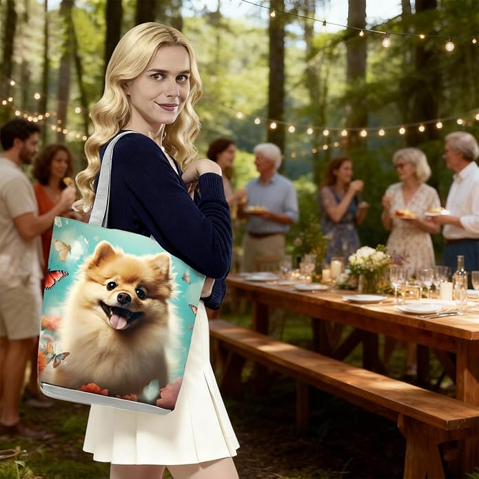 Cute Dog with Butterfly and Floral Design Tote Bag with Zipper Closure Outdoor Great for Carrying Pet Supplies Handbag Nice Birthday Holiday Gift Idea for Dog Owner Animal Lovers Shoulder Bag