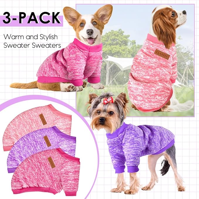 3 Pack Dog Sweaters for Small Dogs Girl Boy Winter Fleece Clothes Warm Soft Dog Sweatshirt Outfit for Dogs Cats Pet Apparel