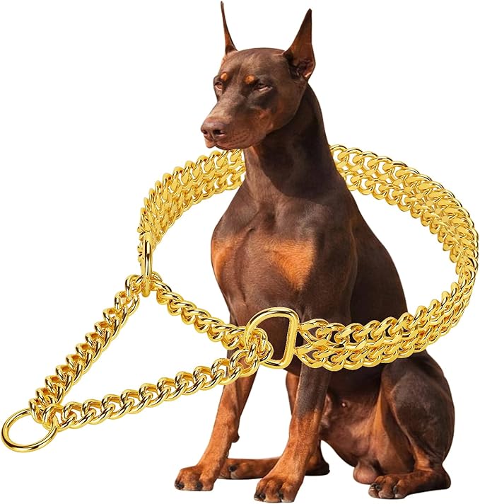 Stainless Steel & 18K Gold Dog Chain Collar - Adjustable, Chew Proof, Cuban Link, Double Row, Metal, Walking Collar for Large, Small, Medium Dogs (S 12" -16")